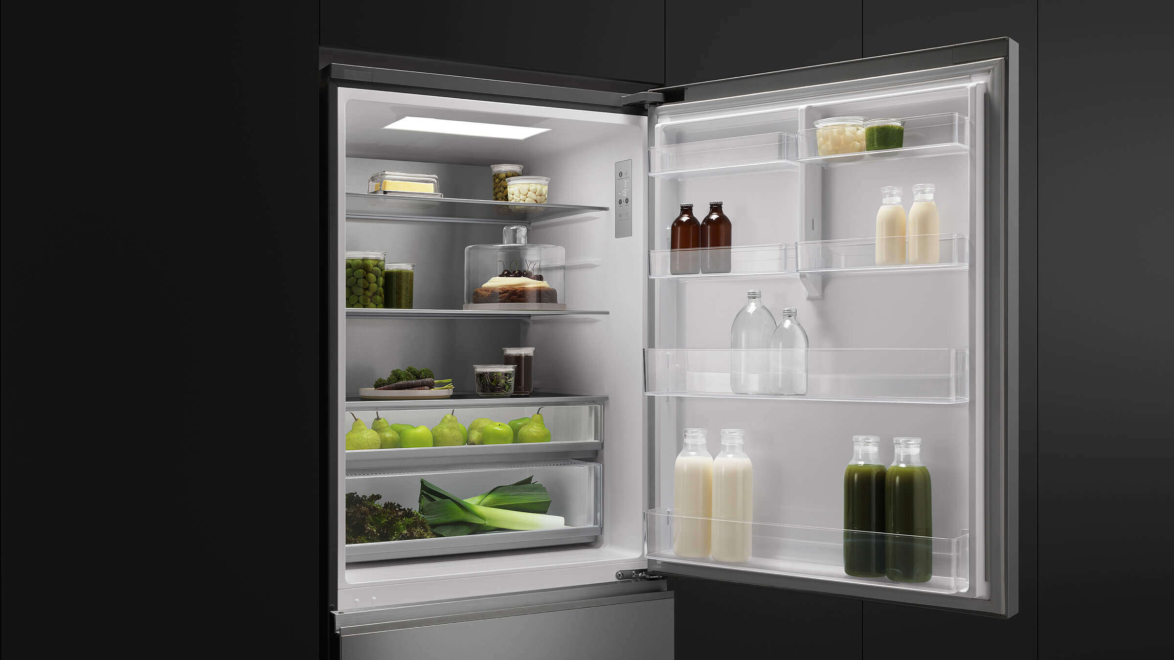 Wide-access shelving in a French Door refrigerator designed to fit diverse storage needs
