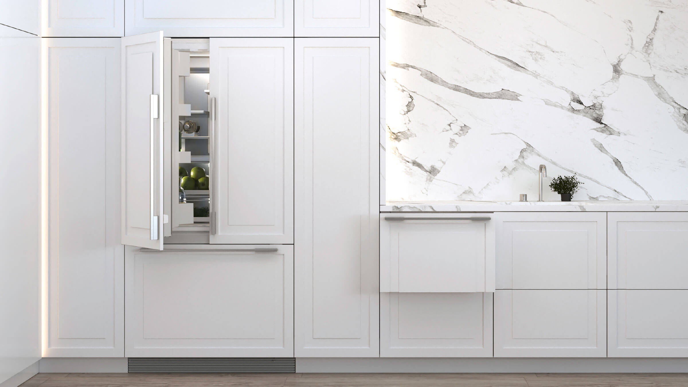 Integrated refrigeration seamlessly blended into a modern apartment kitchen cabinetry