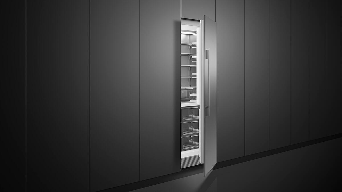 Vertical refrigerator and freezer columns in a modern kitchen setting