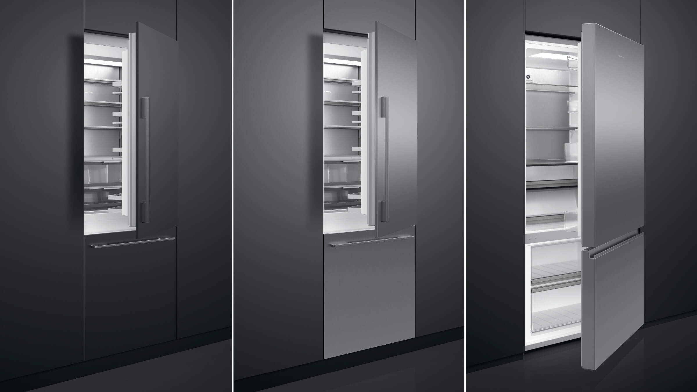 Comparison showing bottom freezer refrigeration in integrated, built-in, and freestanding expressions