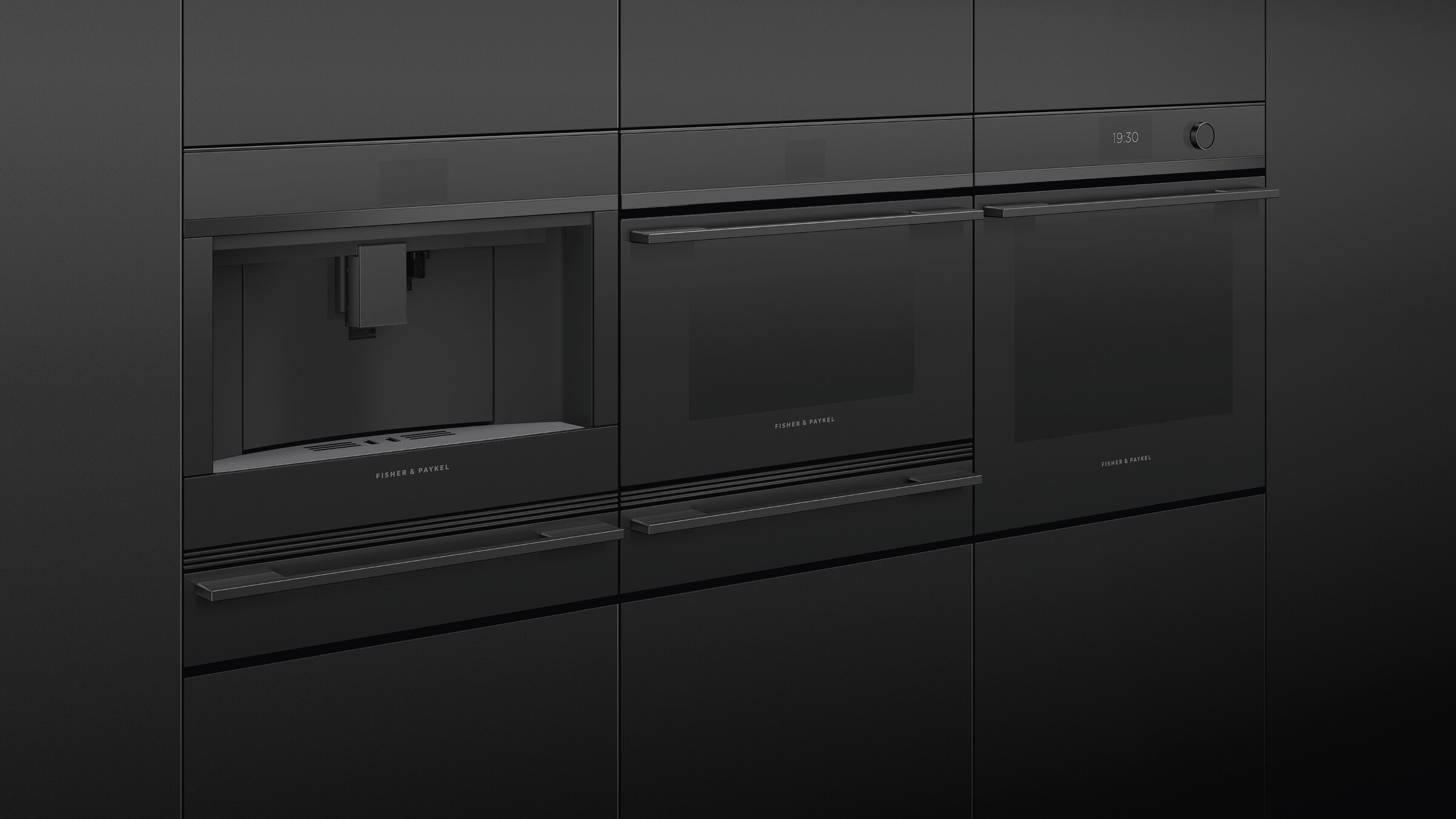 Four Companion Appliances Placed Side-by-Side in Black Cabinetry.