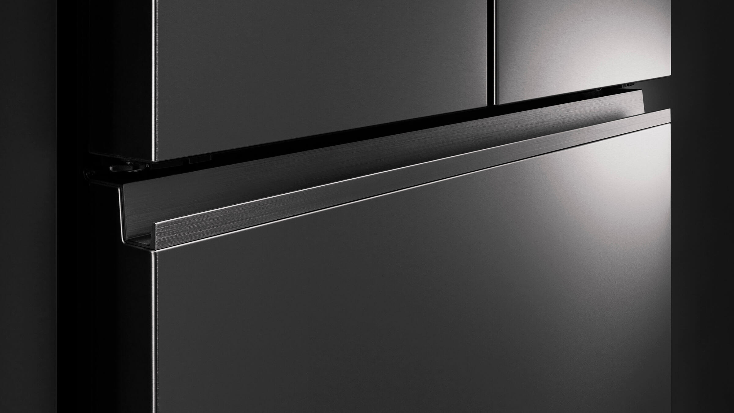 Freestanding stainless steel refrigerator with a contemporary single-door design