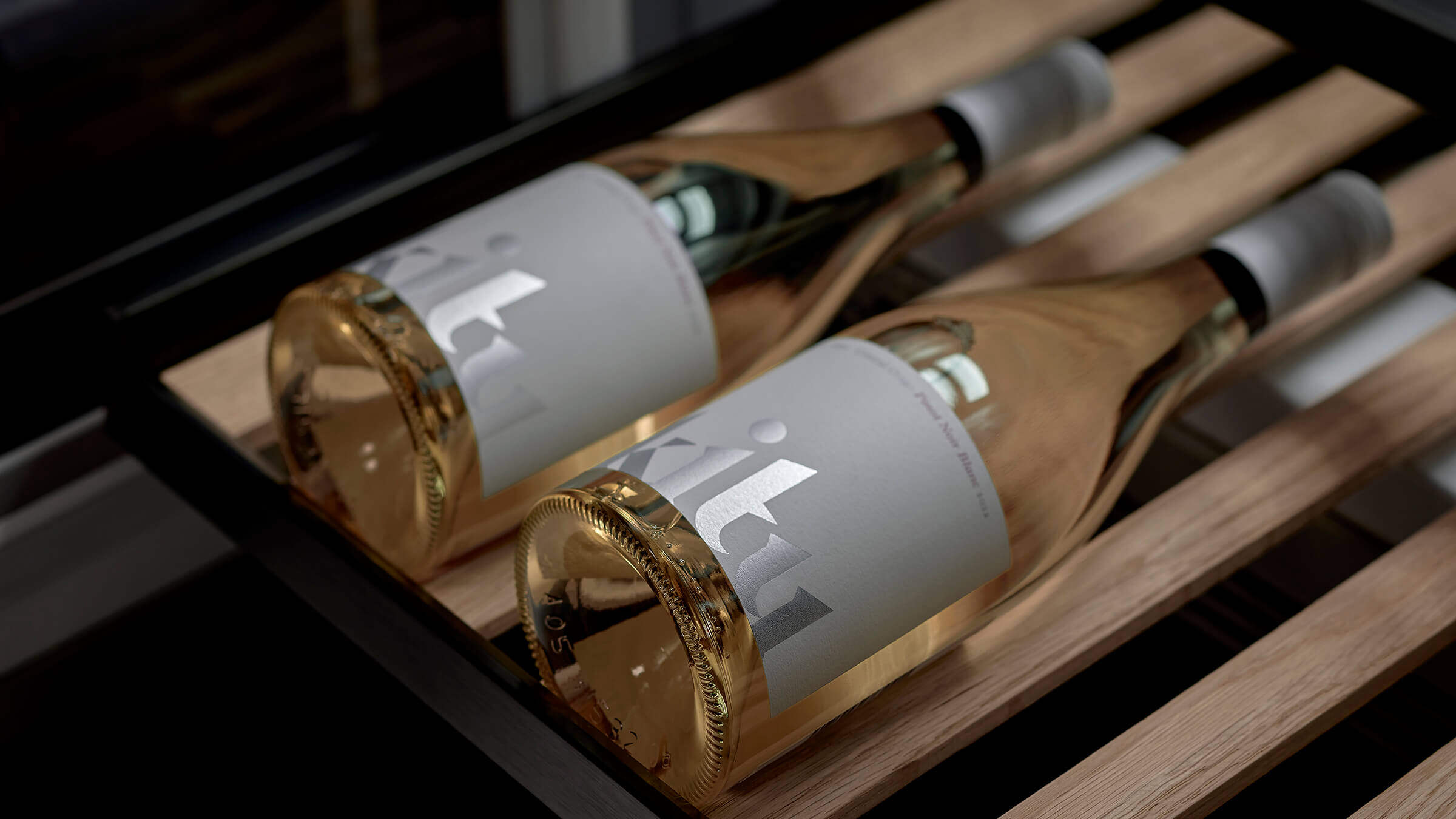 Full-extension wine shelves providing easy access to bottles