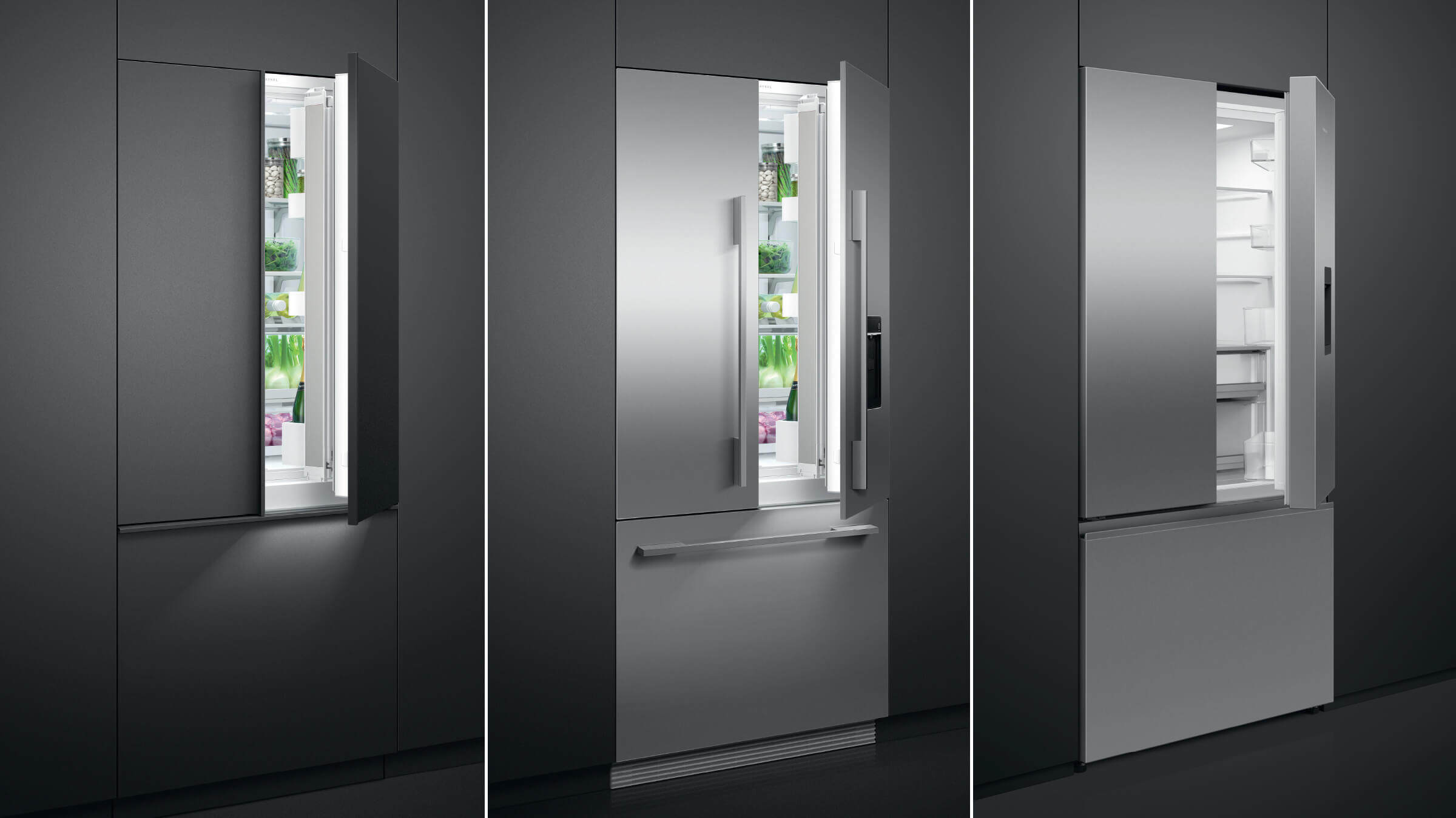 Comparison showing French and Quad Door refrigeration in integrated, built-in, and contemporary expressions