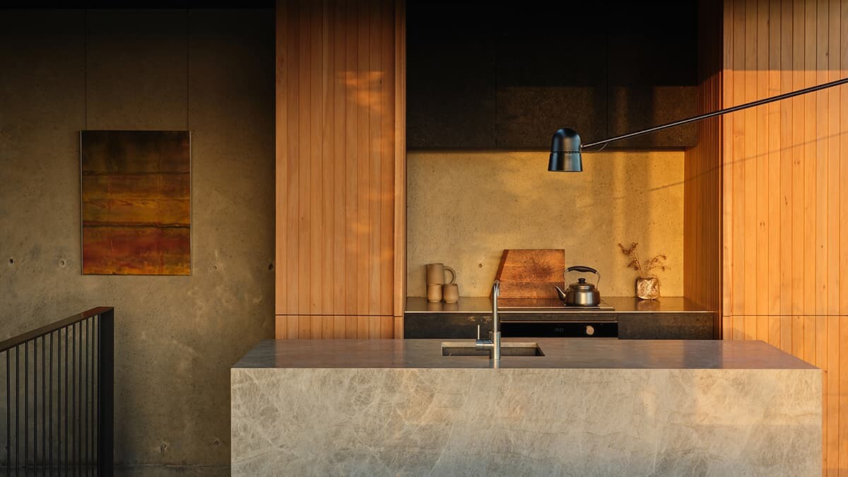Kitchen view showcasing the integrated refrigeration freezer