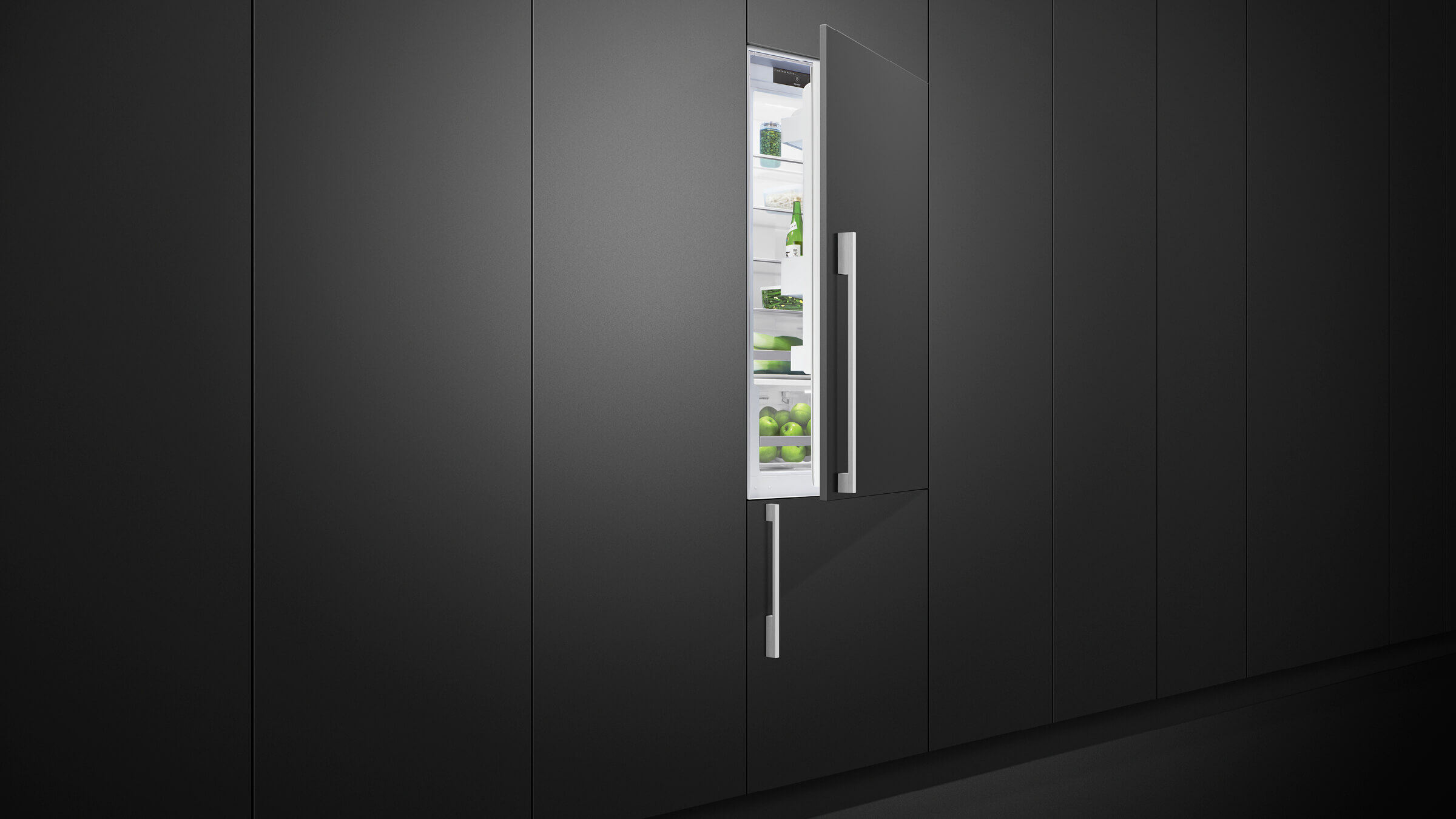 Detail of the flush cabinetry installation of an integrated French Door refrigerator