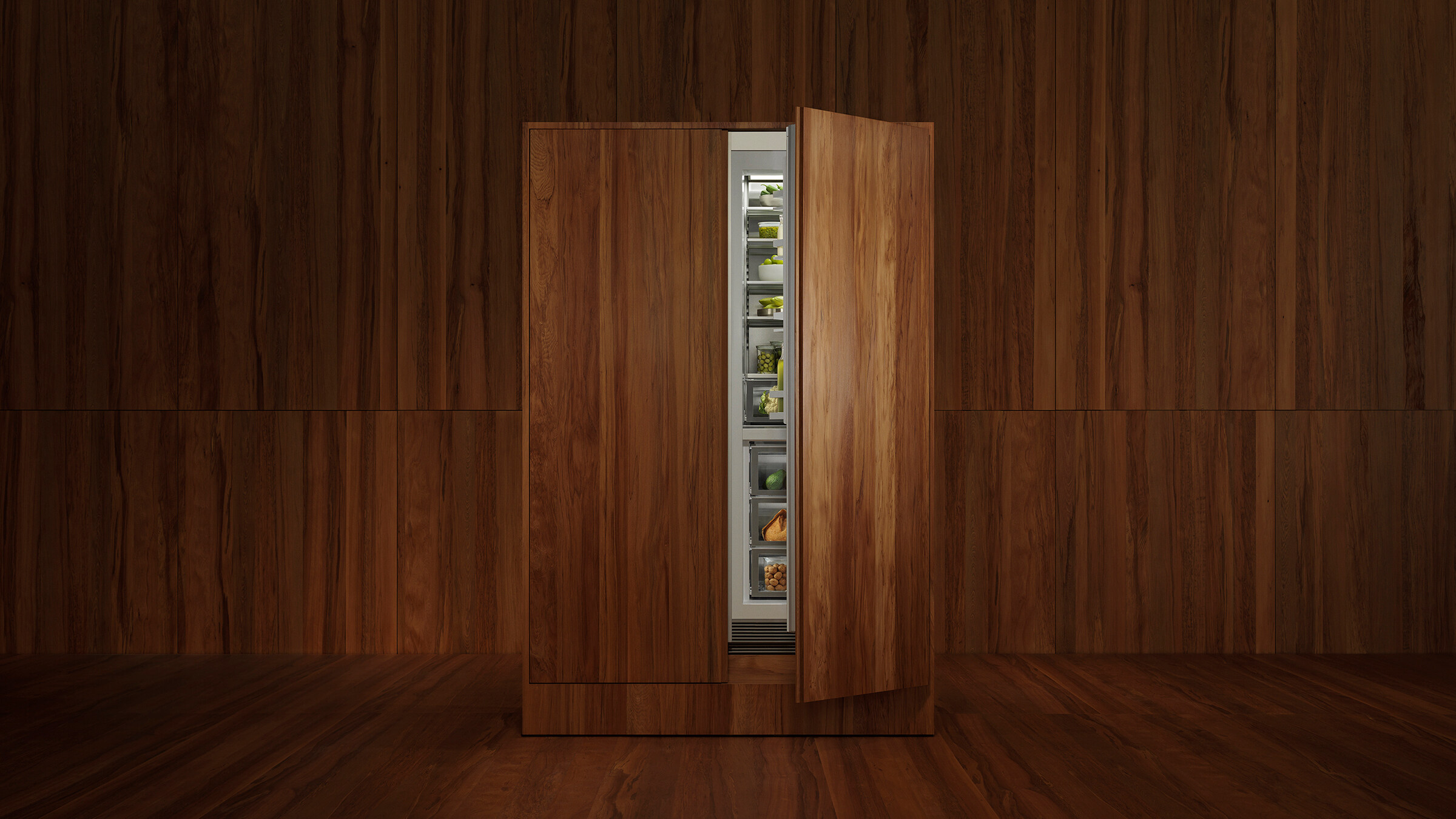 Fisher & Paykel integrated refrigerator shown insitu with door partially open