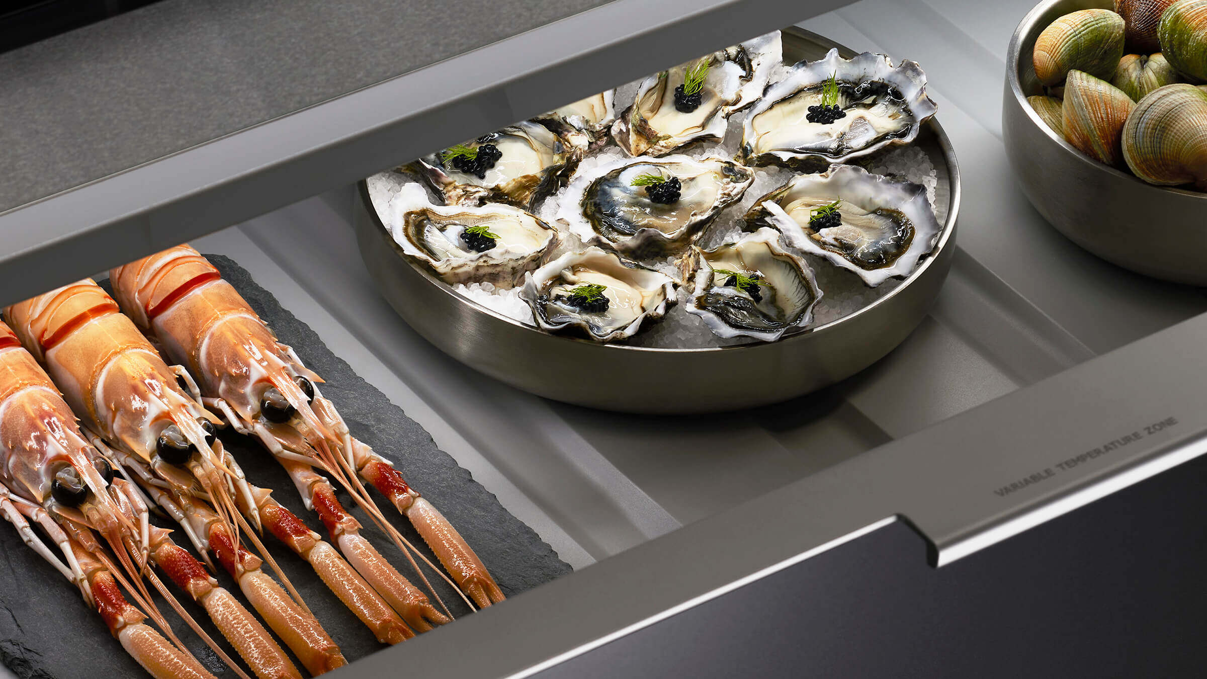 Variable temperature drawer showing fresh sea food across chill zones