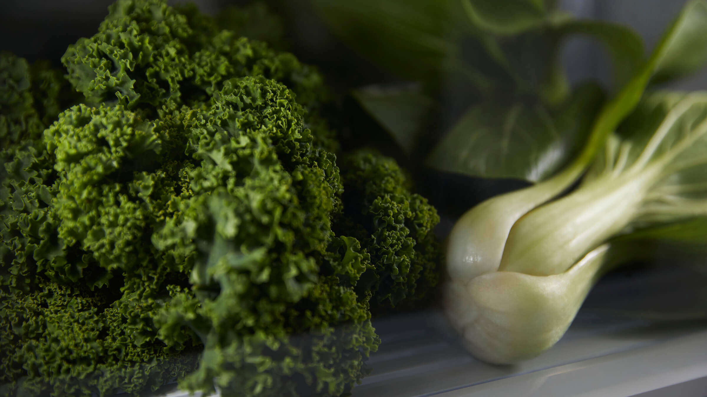 Close-up of fresh kale and bok choy in a humidity-controlled refrigerator drawer