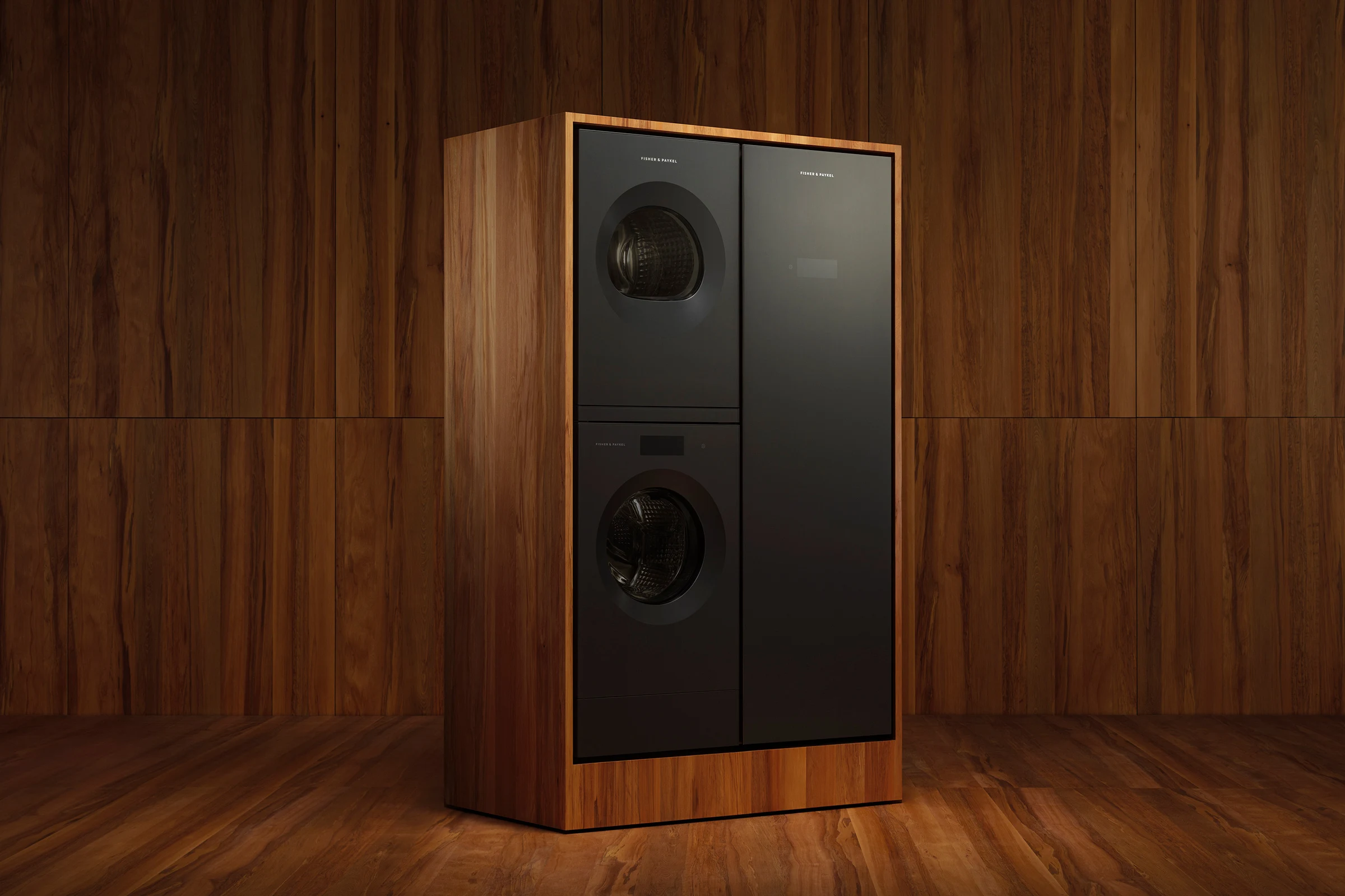 Kitchen with black cabinetry looking through to a black dining table on a backdrop of white floor length curtains.
