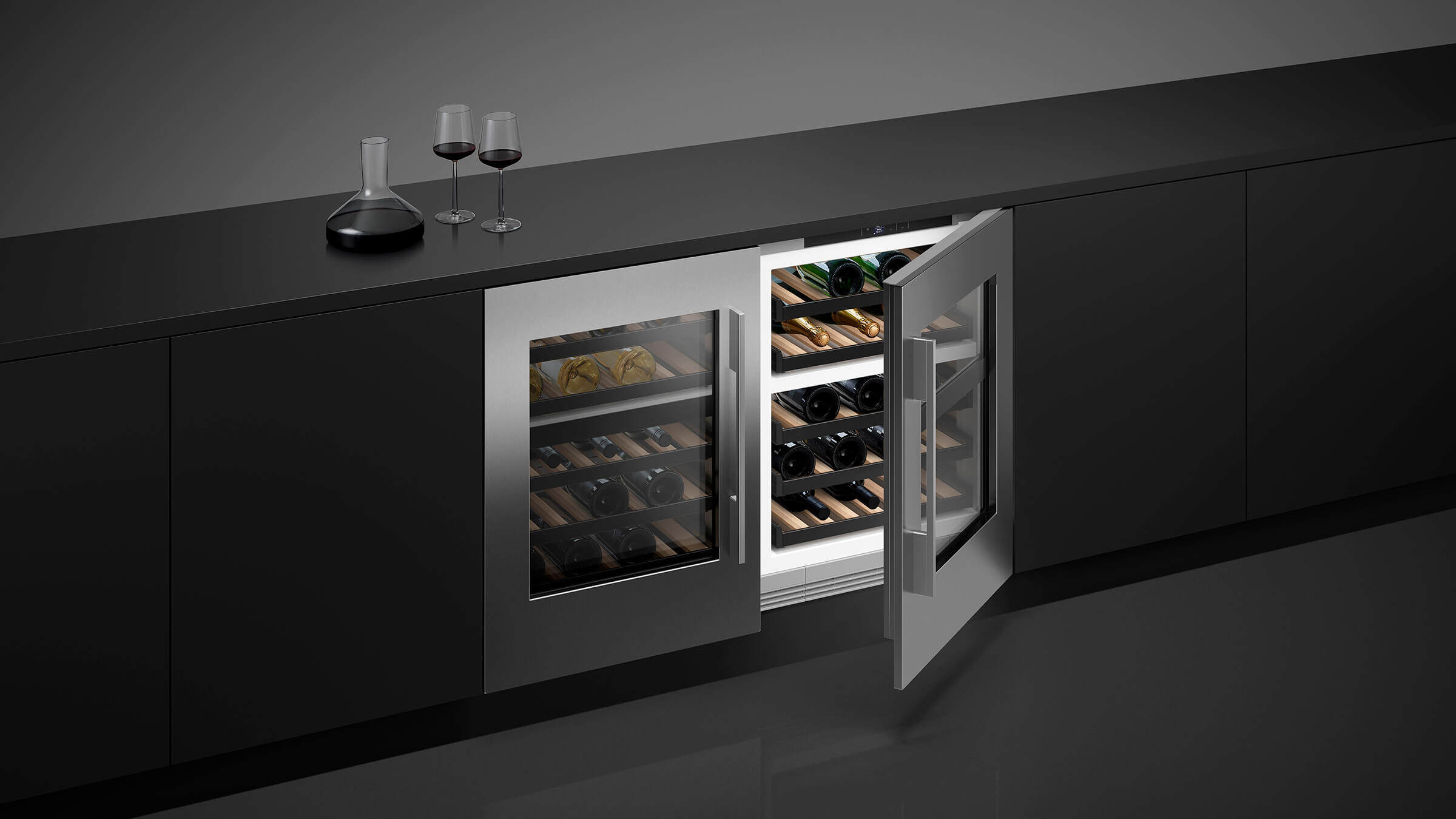 An open wine refrigerator column showcasing precisely organized wine storage