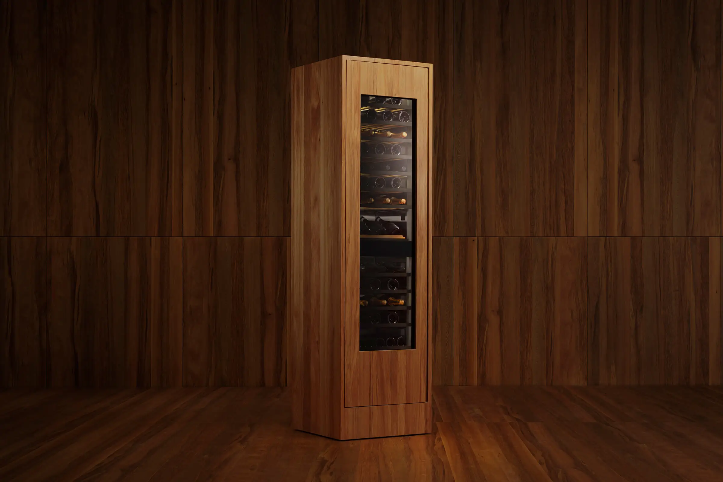 Kitchen with black cabinetry looking through to a black dining table on a backdrop of white floor length curtains.