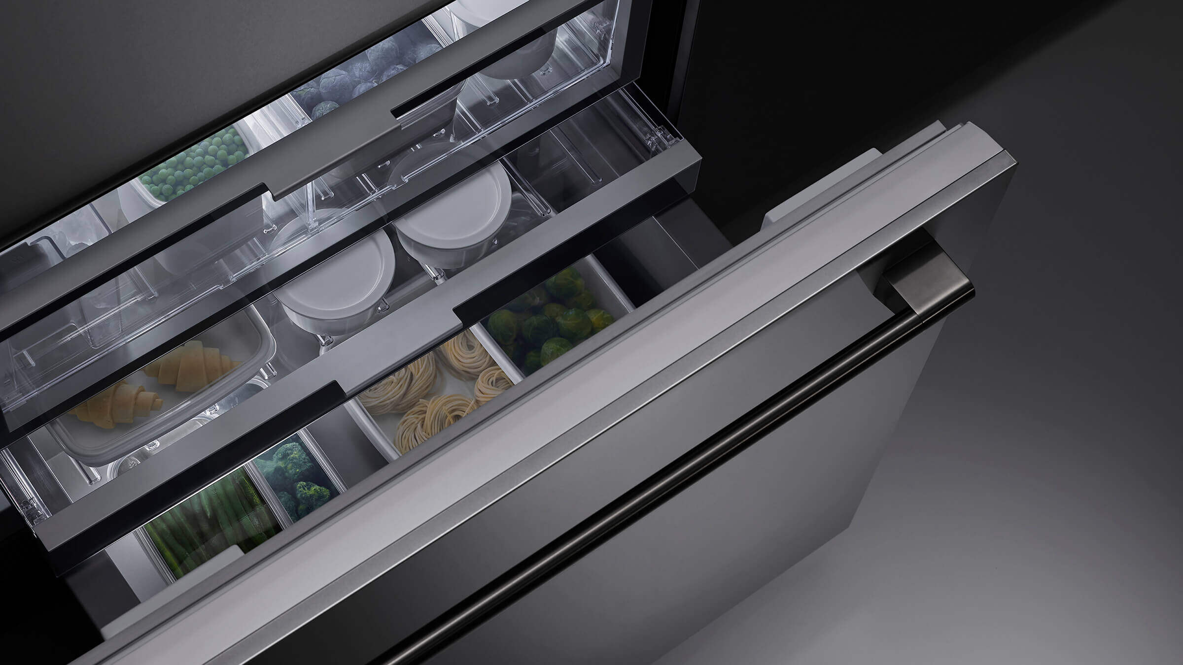 Deep freezer drawer showing organized storage and consistent airflow for preservation